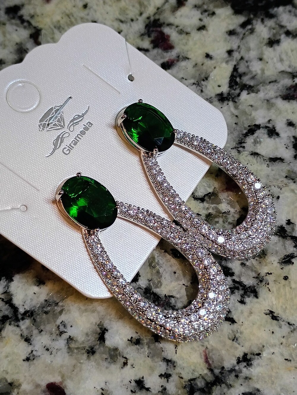 New White Gold Plated Earrings with Green/Clear CZ Stones